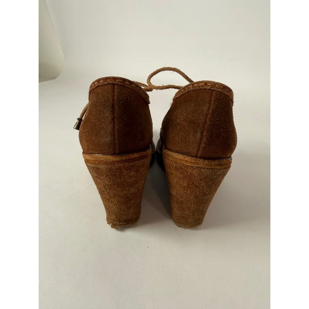 Frye Womens Cognac Brown Suede Lace Up Moc Toe Wedge Booties Shoes‎
